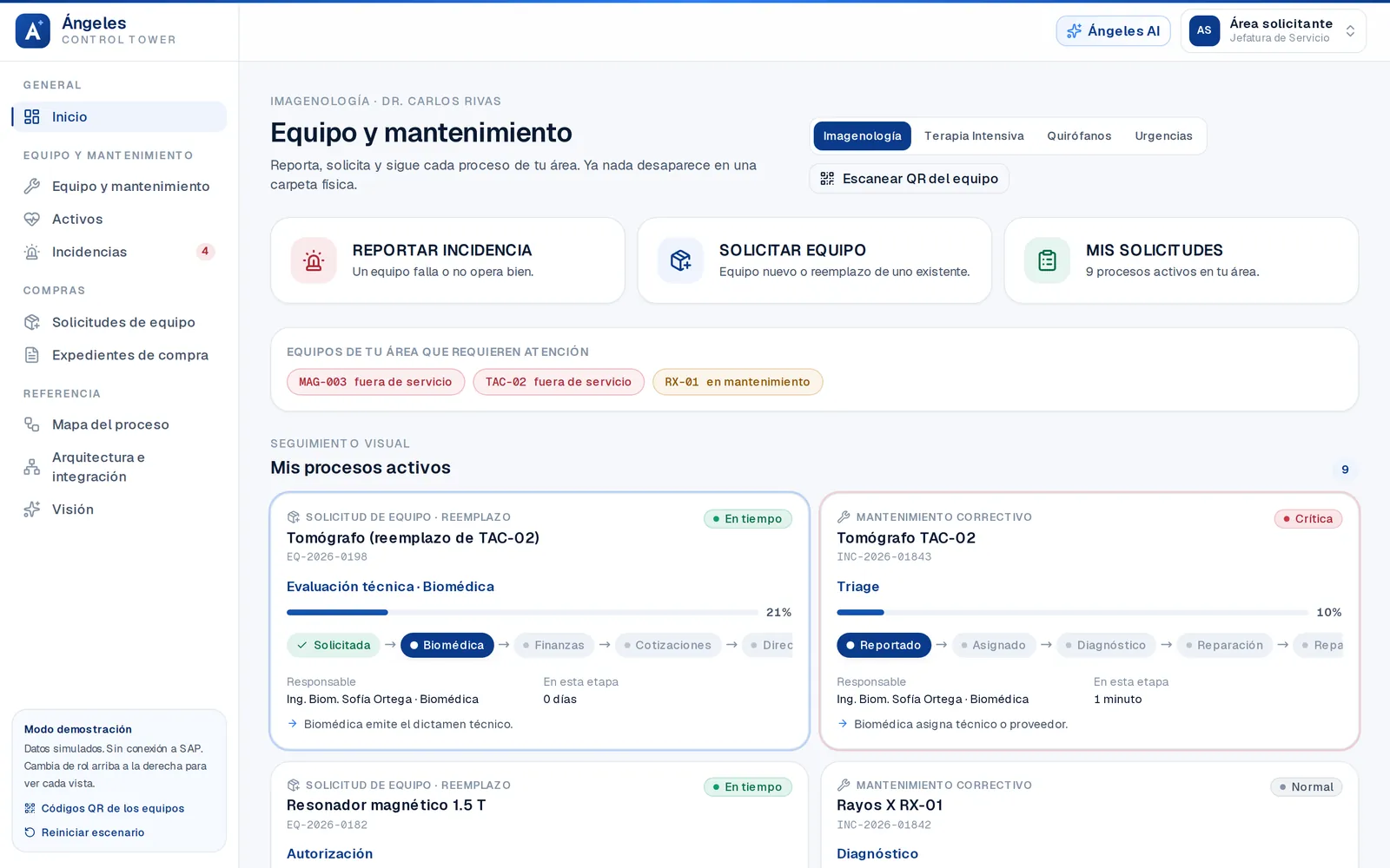 Pantalla Equipo y mantenimiento del responsable de área con sus procesos activos